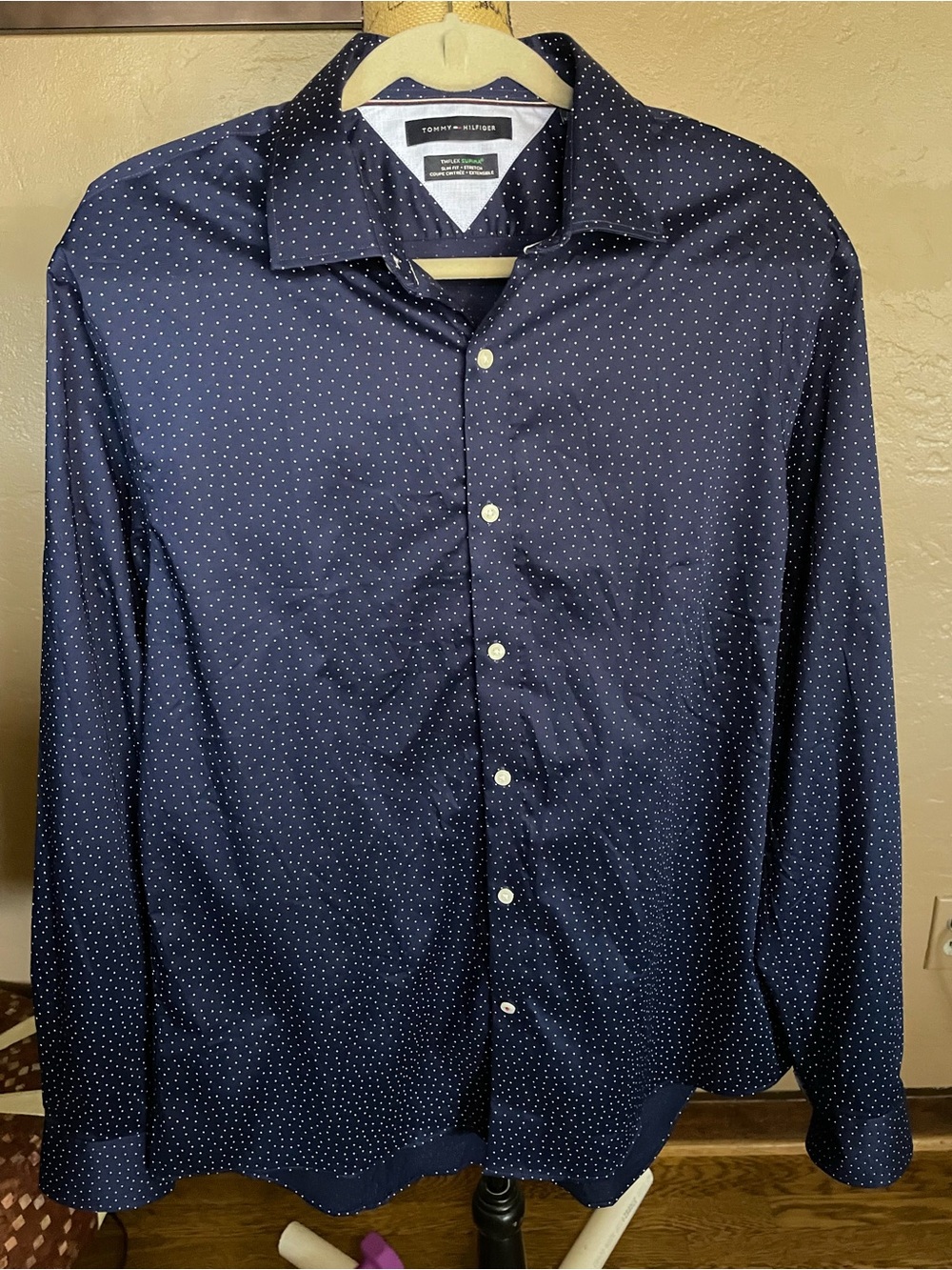 Tommy Hilfiger Navy Microdot Stretch Button-Up Shirt 17” neck XL